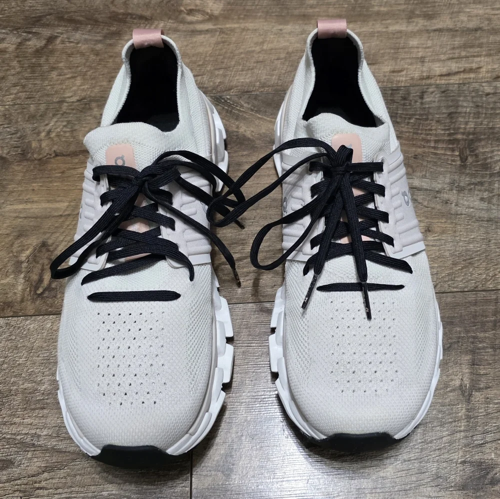 On Running Women's Sneakers in Cream with Pink Accents and Black Laces - Picture 5 of 11